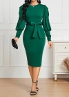Kadın Uzun Kollu Bisiklet Yaka Beli Kuşaklı Ithal Krep Midi Elbise