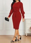 Kadın Uzun Kollu Bisiklet Yaka Beli Kuşaklı Ithal Krep Midi Elbise