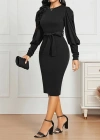Kadın Uzun Kollu Bisiklet Yaka Beli Kuşaklı Ithal Krep Midi Elbise