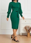 Kadın Uzun Kollu Bisiklet Yaka Beli Kuşaklı Ithal Krep Midi Elbise