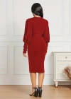 Kadın Uzun Kollu Bisiklet Yaka Beli Kuşaklı Ithal Krep Midi Elbise