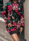 Kadın Uzun Kollu Bisiklet Yaka çiçek Baskılı şardonlu Dalgıç Elbise