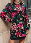 Kadın Uzun Kollu Bisiklet Yaka çiçek Baskılı şardonlu Dalgıç Elbise