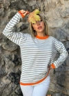 Kadın Uzun Kollu Bisiklet Yaka çizgi Desenli Triko Bluz
