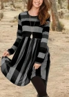 Kadın Uzun Kollu Bisiklet Yaka çizgili Desen Detaylı Süprem Mini Elbise