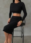 Kadın Uzun Kollu Bisiklet Yaka Crop Ve Midi Boy Kaşkorse Kumaş Etek Ikili Takım