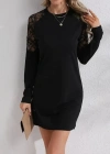 Kadın Uzun Kollu Bisiklet Yaka Dantel Detaylı Visk8n Iki Iplik Düğmeli Mini Elbise