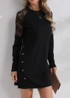 Kadın Uzun Kollu Bisiklet Yaka Dantel Detaylı Visk8n Iki Iplik Düğmeli Mini Elbise