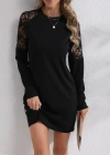 Kadın Uzun Kollu Bisiklet Yaka Dantel Detaylı Visk8n Iki Iplik Düğmeli Mini Elbise