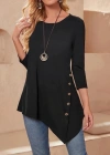 Kadın Uzun Kollu Bisiklet Yaka Etek Ucu Asimetrik Kesim Düğme Detaylı Viskon Bluz