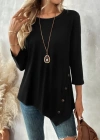 Kadın Uzun Kollu Bisiklet Yaka Etek Ucu Asimetrik Kesim Düğme Detaylı Viskon Bluz
