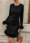 Kadın Uzun Kollu Bisiklet Yaka Etek Ucu Ve Kol Ucu Kürk Detaylı Modal Kısa Elbise