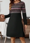 Kadın Uzun Kollu Bisiklet Yaka Etnik Desenli Kısa şardonlu Dalgıç Elbise
