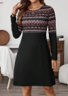 Kadın Uzun Kollu Bisiklet Yaka Etnik Desenli Kısa şardonlu Dalgıç Elbise