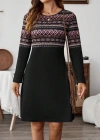 Kadın Uzun Kollu Bisiklet Yaka Etnik Desenli Kısa şardonlu Dalgıç Elbise