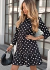 Kadın Uzun Kollu Bisiklet Yaka Fırfırlı Puantiyeli Kısa Modal Elbise