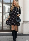 Kadın Uzun Kollu Bisiklet Yaka Fırfırlı Puantiyeli Kısa Modal Elbise