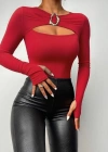 Kadın Uzun Kollu Bisiklet Yaka Göğüs Dekolteli Viskon Bluz