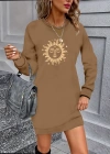 Kadın Uzun Kollu Bisiklet Yaka Güneş Desenli Viskon Iki Iplik Elbise