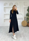 Kadın Uzun Kollu Bisiklet Yaka ize Kadar Yırtmaç Detay Maxi Boy Elbise