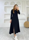 Kadın Uzun Kollu Bisiklet Yaka ize Kadar Yırtmaç Detay Maxi Boy Elbise