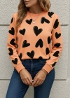 Kadın Uzun Kollu Bisiklet Yaka Kalp Desenli Iki Iplik Bluz