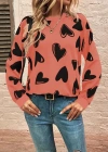 Kadın Uzun Kollu Bisiklet Yaka Kalp Desenli Iki Iplik Bluz