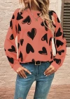 Kadın Uzun Kollu Bisiklet Yaka Kalp Desenli Iki Iplik Bluz