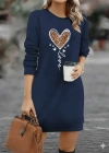 Kadın Uzun Kollu Bisiklet Yaka Kalp Desenli Kısa Viskon Elbise