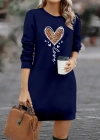 Kadın Uzun Kollu Bisiklet Yaka Kalp Desenli Kısa Viskon Elbise