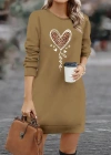 Kadın Uzun Kollu Bisiklet Yaka Kalp Desenli Kısa Viskon Elbise