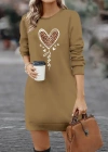 Kadın Uzun Kollu Bisiklet Yaka Kalp Desenli Kısa Viskon Elbise