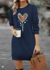Kadın Uzun Kollu Bisiklet Yaka Kalp Desenli Kısa Viskon Elbise