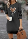 Kadın Uzun Kollu Bisiklet Yaka Kalp Desenli Kısa Viskon Elbise
