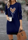 Kadın Uzun Kollu Bisiklet Yaka Kalp Desenli Kısa Viskon Elbise