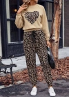 Kadın Uzun Kollu Bisiklet Yaka Kalp Leopar Baskılı Alt Ve üst Dalgıç Ikili Takım