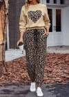 Kadın Uzun Kollu Bisiklet Yaka Kalp Leopar Baskılı Alt Ve üst Dalgıç Ikili Takım