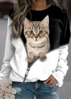 Kadın Uzun Kollu Bisiklet Yaka Kedi Baskılı şardonlu Dalgıç Bluz