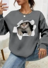 Kadın Uzun Kollu Bisiklet Yaka Kedi Desenli Viskon Iki Iplik Bluz