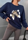 Kadın Uzun Kollu Bisiklet Yaka Kedi Desenli Viskon Iki Iplik Bluz