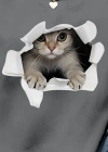 Kadın Uzun Kollu Bisiklet Yaka Kedi Desenli Viskon Iki Iplik Bluz