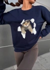 Kadın Uzun Kollu Bisiklet Yaka Kedi Desenli Viskon Iki Iplik Bluz