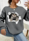 Kadın Uzun Kollu Bisiklet Yaka Kedi Desenli Viskon Iki Iplik Bluz