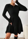 Kadın Uzun Kollu Bisiklet Yaka Kemersiz Eteği Pileli şardonlu Kaşkorse Elbise