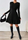 Kadın Uzun Kollu Bisiklet Yaka Kemersiz Eteği Pileli şardonlu Kaşkorse Elbise