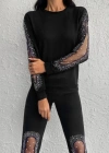 Kadın Uzun Kollu Bisiklet Yaka Kol Ve Bacak Tül Ve Inci Detay Iki Iplik Ikili Takım