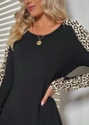 Kadın Uzun Kollu Bisiklet Yaka Kollar Leopar Detay Iki Iplik Mini Boy Elbise