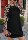 Kadın Uzun Kollu Bisiklet Yaka Kollar Leopar Detay Krep Mini Boy Elbise