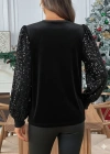 Kadın Uzun Kollu Bisiklet Yaka Kollar Pulpayet Kadife Bluz