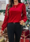Kadın Uzun Kollu Bisiklet Yaka Kollar Pulpayet Kadife Bluz